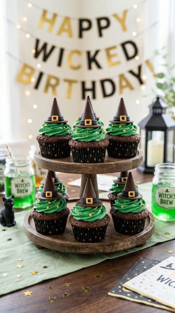 Witch hat cupcakes with emerald frosting for Wicked birthday party desserts.