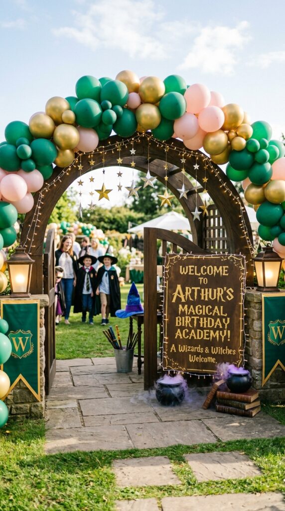Sparkly wizard-themed birthday party entrance with balloons and magical decorations.